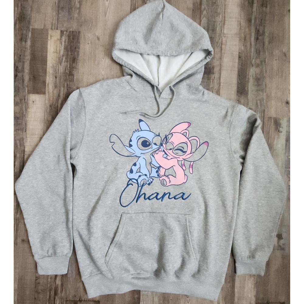 Disney Stitch Pullover Hoodie Women Medium Gray Ohana Angel Graphic Fleece
